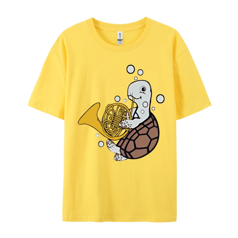 French Horn Player Music Sea Turtle T-shirt Men Funny Musical T-shirt Printed T Shirts Casual Oversized Free Shippping Clothes