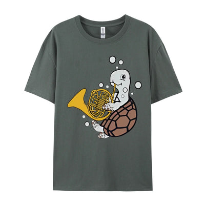 French Horn Player Music Sea Turtle T-shirt Men Funny Musical T-shirt Printed T Shirts Casual Oversized Free Shippping Clothes