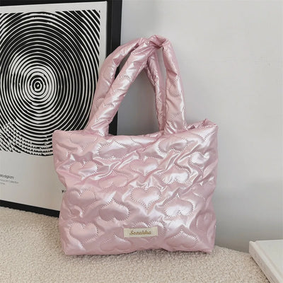 Simple Space Cotton Square Hand Bag Love Heart Korean Style Bright PU Handbag Cosmetic Bag Solid Color Shoulder Bag Lady