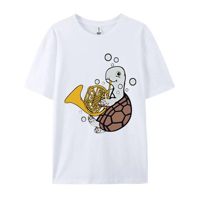 French Horn Player Music Sea Turtle T-shirt Men Funny Musical T-shirt Printed T Shirts Casual Oversized Free Shippping Clothes