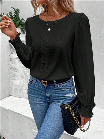 Elegant Women's Long Sleeved Shirt Spring/Summer 2024 Round Neck Casual Solid Color Blouse Office Lady Clothing S-2XL