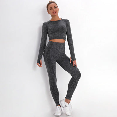 Women Seamless Gym Set Long Sleeve Top High Waist Belly Control Sport Leggings Gym Clothes Seamless Sport Suit Sexy Booty Girls