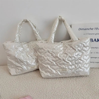 Simple Space Cotton Square Hand Bag Love Heart Korean Style Bright PU Handbag Cosmetic Bag Solid Color Shoulder Bag Lady