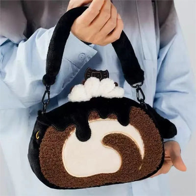 JIAERDI Plush Circular Black Cat Hand Bag Women New Retro Creative Cute Handheld Y2k Messenger Bag Ladies Casual Crossbody Bags