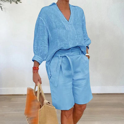 Summer Casual Lace Up Straight Shorts Outfits 2023 New Cotton Linen Loose Sets Elegant Ladies V-Neck Shirt Suits Women Clothing