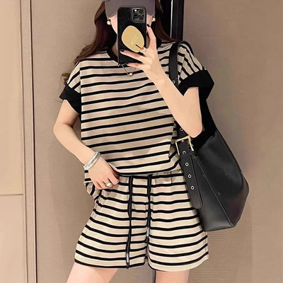 Summer Women Striped Clothing Sets Short Sleeve T-shirt+Drawstring Shorts Two Pieces Suits Ladies Casual Outfits Loose Tracksuit