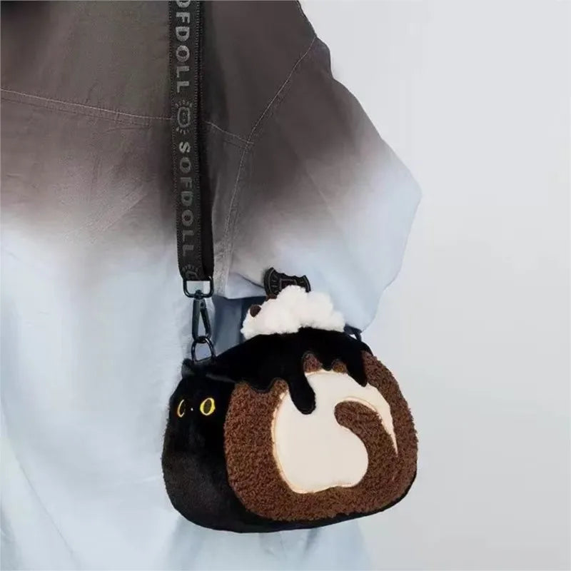 JIAERDI Plush Circular Black Cat Hand Bag Women New Retro Creative Cute Handheld Y2k Messenger Bag Ladies Casual Crossbody Bags