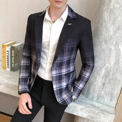 Blazer Men Boutique Fashion Plaid Men's Slim Casual Suit Jacket Male Ball Social Blazer Suit Coat Host Clothing