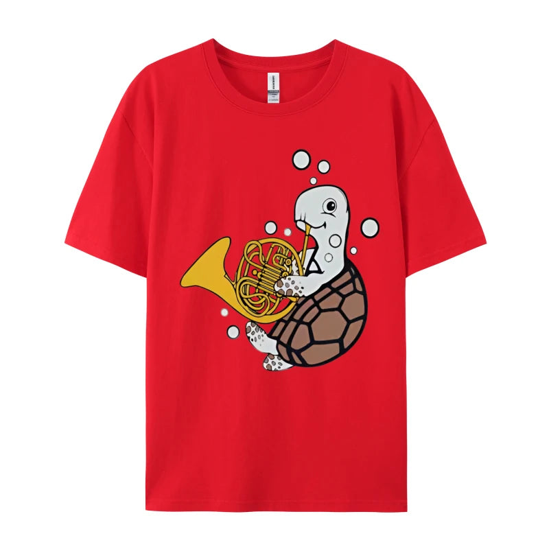 French Horn Player Music Sea Turtle T-shirt Men Funny Musical T-shirt Printed T Shirts Casual Oversized Free Shippping Clothes