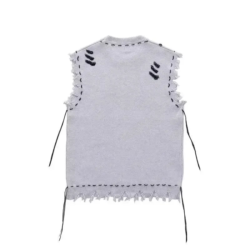 Knitted Sweaters for Men Hippie Sleeveless Man Clothes Vest Torn Icon Waistcoat with Holes Classic Over Fit Knit Aesthetic Meme