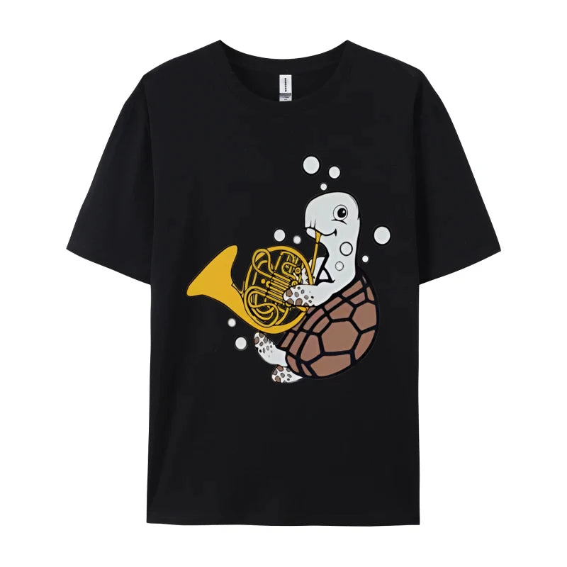 French Horn Player Music Sea Turtle T-shirt Men Funny Musical T-shirt Printed T Shirts Casual Oversized Free Shippping Clothes