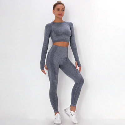 Women Seamless Gym Set Long Sleeve Top High Waist Belly Control Sport Leggings Gym Clothes Seamless Sport Suit Sexy Booty Girls