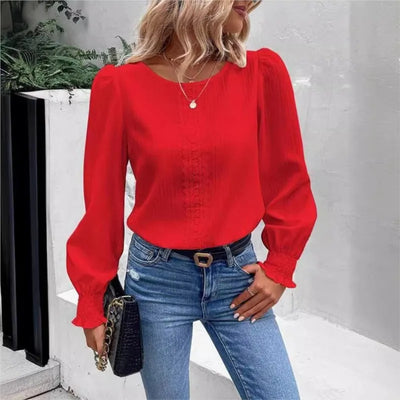 Elegant Women's Long Sleeved Shirt Spring/Summer 2024 Round Neck Casual Solid Color Blouse Office Lady Clothing S-2XL