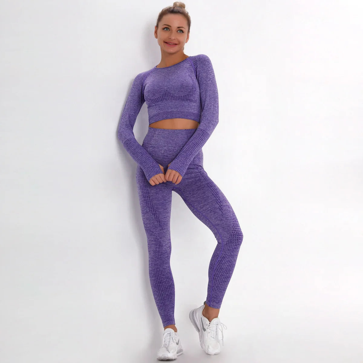 Women Seamless Gym Set Long Sleeve Top High Waist Belly Control Sport Leggings Gym Clothes Seamless Sport Suit Sexy Booty Girls