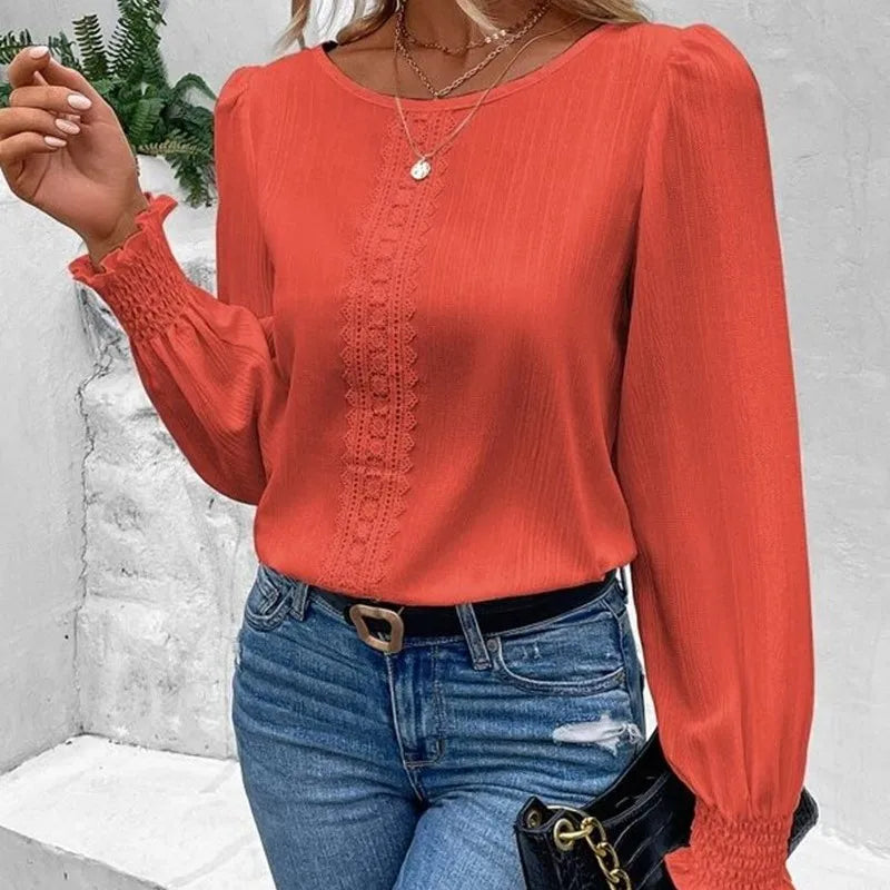 Elegant Women's Long Sleeved Shirt Spring/Summer 2024 Round Neck Casual Solid Color Blouse Office Lady Clothing S-2XL