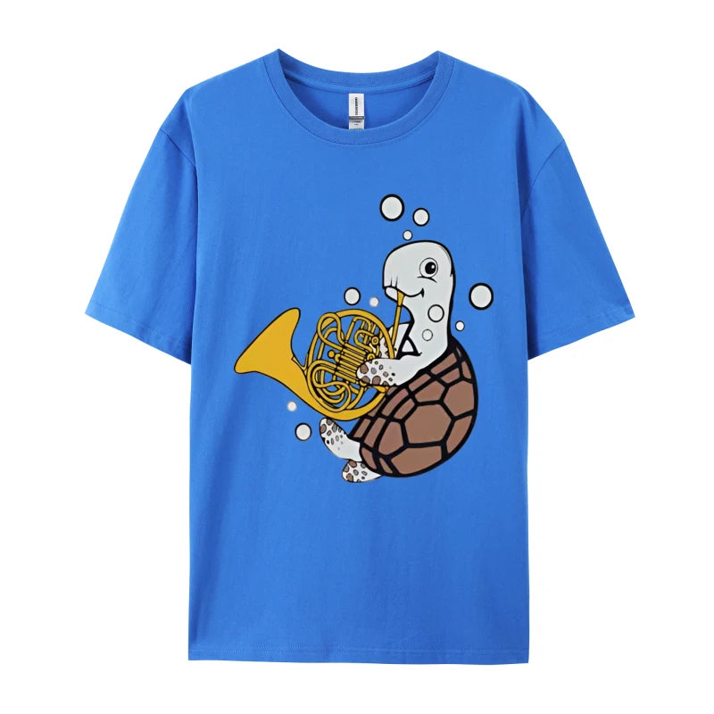 French Horn Player Music Sea Turtle T-shirt Men Funny Musical T-shirt Printed T Shirts Casual Oversized Free Shippping Clothes