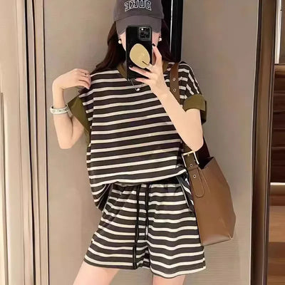 Summer Women Striped Clothing Sets Short Sleeve T-shirt+Drawstring Shorts Two Pieces Suits Ladies Casual Outfits Loose Tracksuit