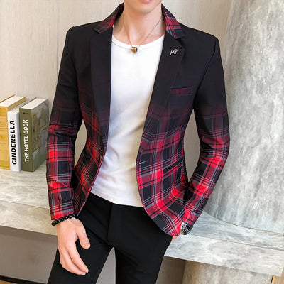 Blazer Men Boutique Fashion Plaid Men's Slim Casual Suit Jacket Male Ball Social Blazer Suit Coat Host Clothing