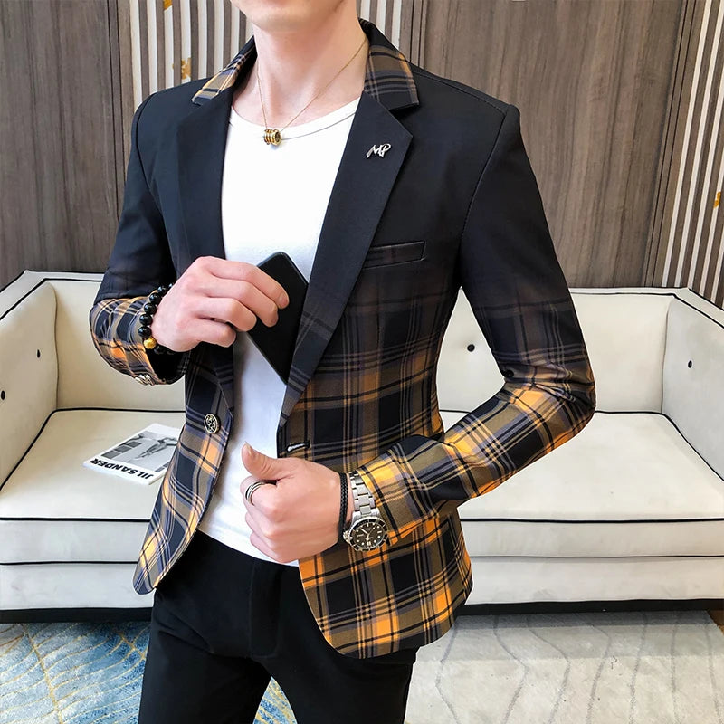 Blazer Men Boutique Fashion Plaid Men's Slim Casual Suit Jacket Male Ball Social Blazer Suit Coat Host Clothing