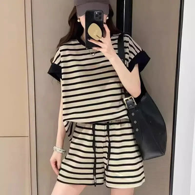 Summer Women Striped Clothing Sets Short Sleeve T-shirt+Drawstring Shorts Two Pieces Suits Ladies Casual Outfits Loose Tracksuit