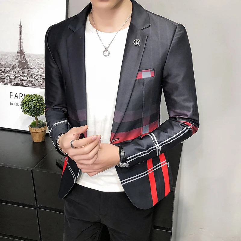 Blazer Men Boutique Fashion Plaid Men's Slim Casual Suit Jacket Male Ball Social Blazer Suit Coat Host Clothing