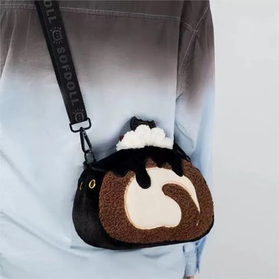 JIAERDI Plush Circular Black Cat Hand Bag Women New Retro Creative Cute Handheld Y2k Messenger Bag Ladies Casual Crossbody Bags