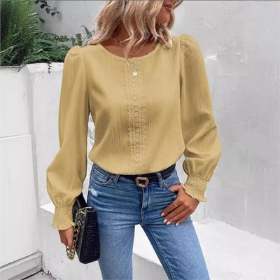 Elegant Women's Long Sleeved Shirt Spring/Summer 2024 Round Neck Casual Solid Color Blouse Office Lady Clothing S-2XL