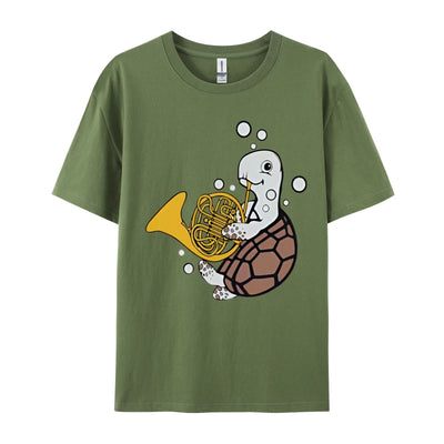 French Horn Player Music Sea Turtle T-shirt Men Funny Musical T-shirt Printed T Shirts Casual Oversized Free Shippping Clothes