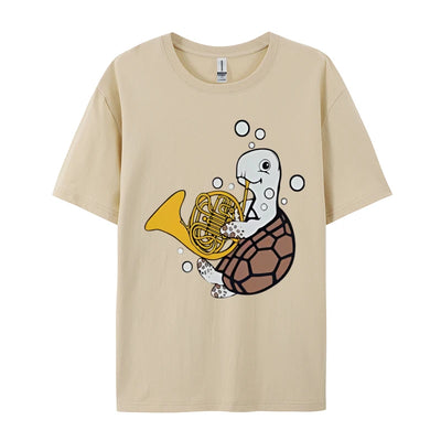 French Horn Player Music Sea Turtle T-shirt Men Funny Musical T-shirt Printed T Shirts Casual Oversized Free Shippping Clothes