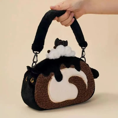 JIAERDI Plush Circular Black Cat Hand Bag Women New Retro Creative Cute Handheld Y2k Messenger Bag Ladies Casual Crossbody Bags