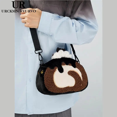 JIAERDI Plush Circular Black Cat Hand Bag Women New Retro Creative Cute Handheld Y2k Messenger Bag Ladies Casual Crossbody Bags