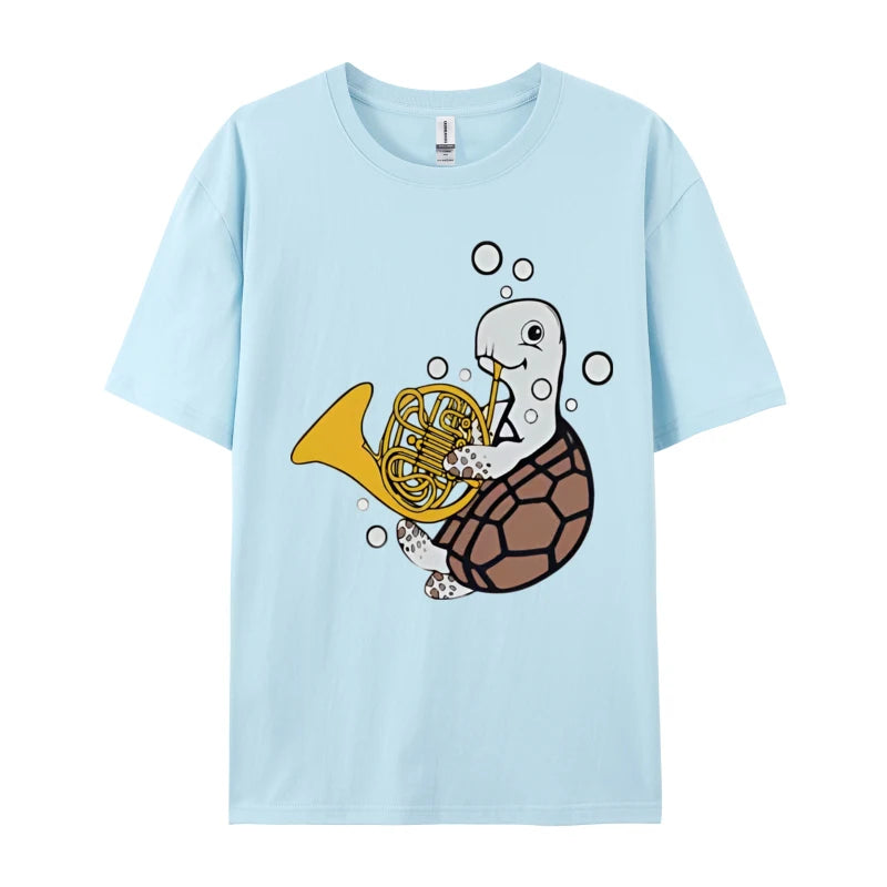 French Horn Player Music Sea Turtle T-shirt Men Funny Musical T-shirt Printed T Shirts Casual Oversized Free Shippping Clothes