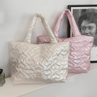 Simple Space Cotton Square Hand Bag Love Heart Korean Style Bright PU Handbag Cosmetic Bag Solid Color Shoulder Bag Lady