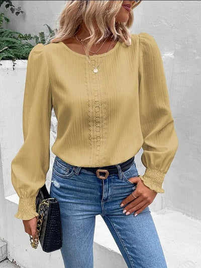 Elegant Women's Long Sleeved Shirt Spring/Summer 2024 Round Neck Casual Solid Color Blouse Office Lady Clothing S-2XL