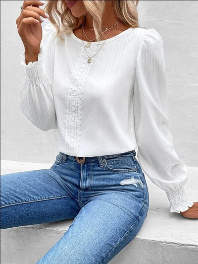 Elegant Women's Long Sleeved Shirt Spring/Summer 2024 Round Neck Casual Solid Color Blouse Office Lady Clothing S-2XL